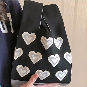Heavy Woven Knit Heart Pattern Tote Purse Bag Japanese Knot  Closure Style
